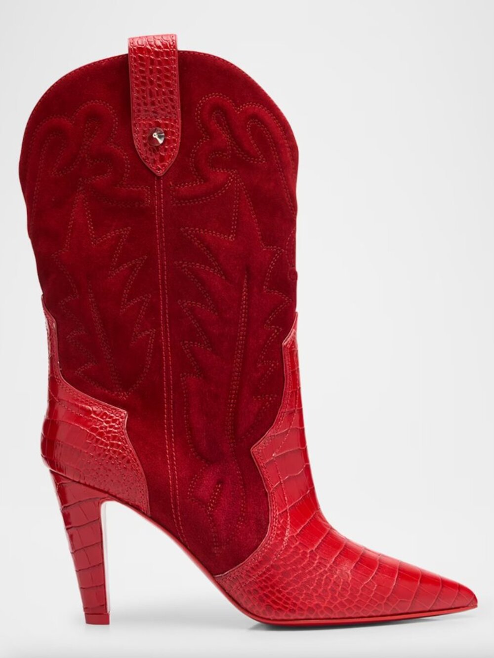 Christian Louboutin 85MM Red Suede & Croc Embossed Leather Santia Bootie Western